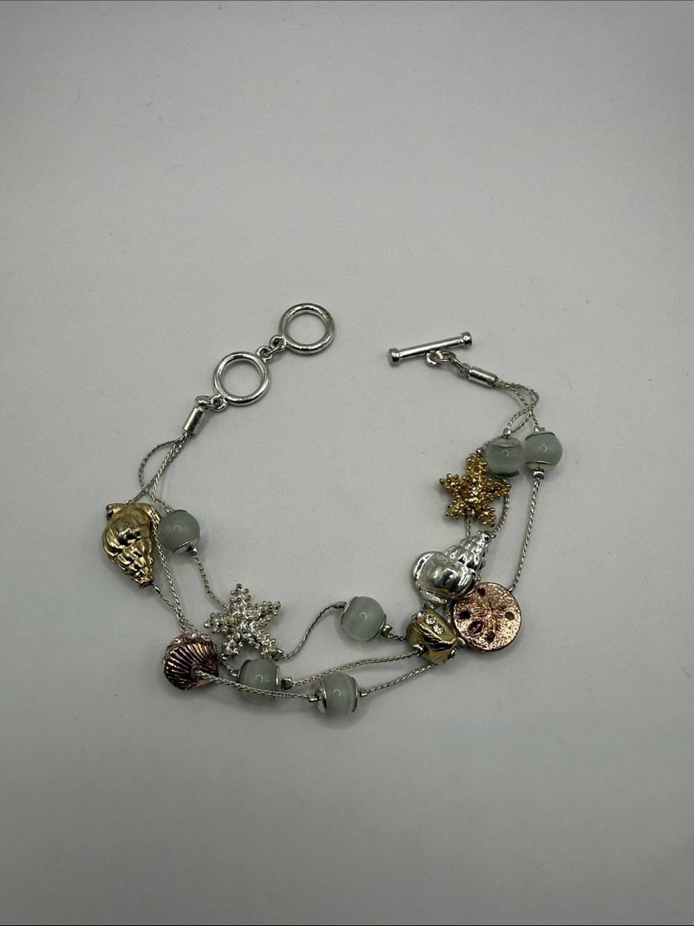 Vintage Silver Rose Gold Tone Seashell Beach Themed Charm Bangle Bracelet